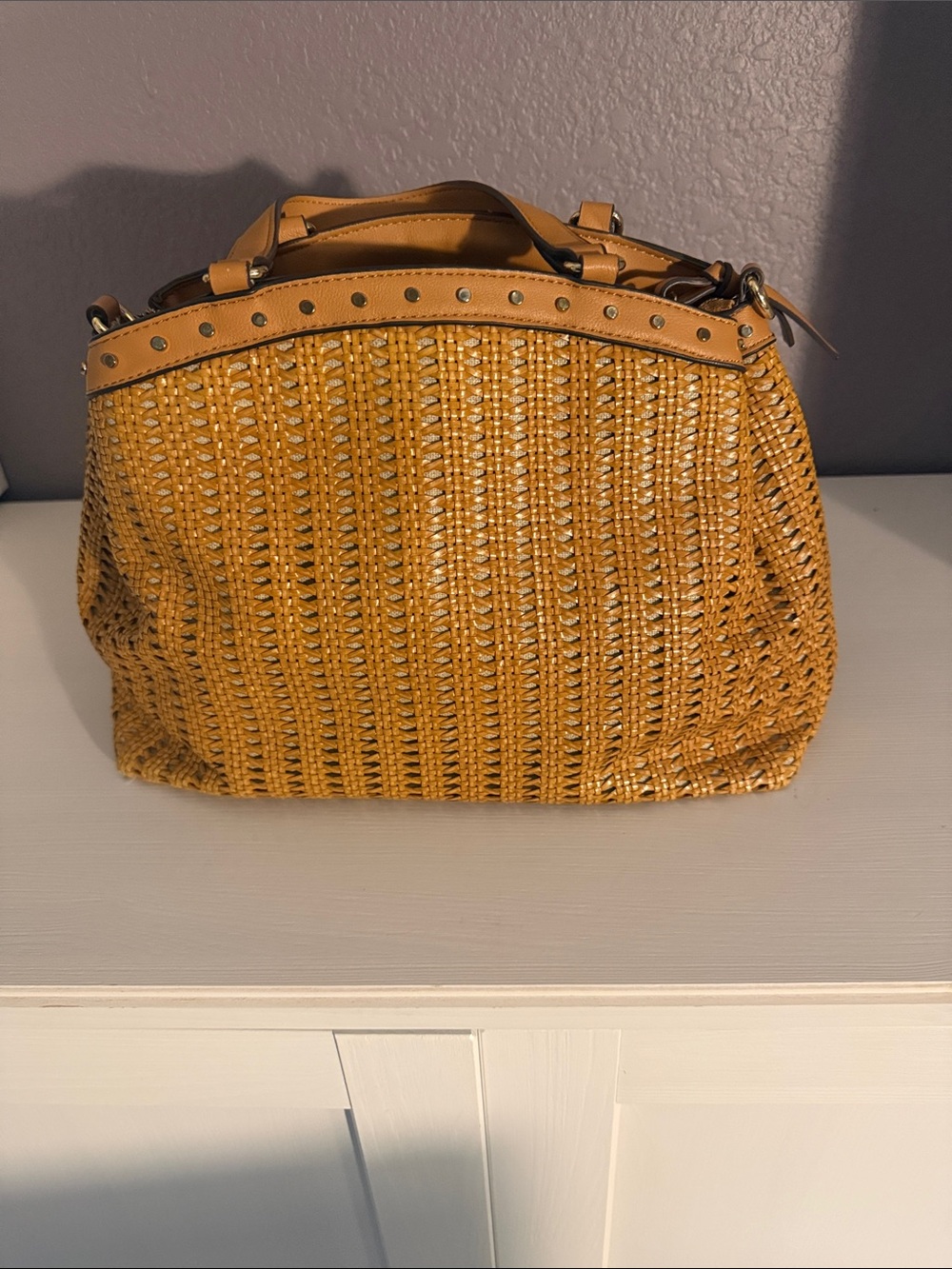 INC Woven Top-Handle Women's Bag in Mustard